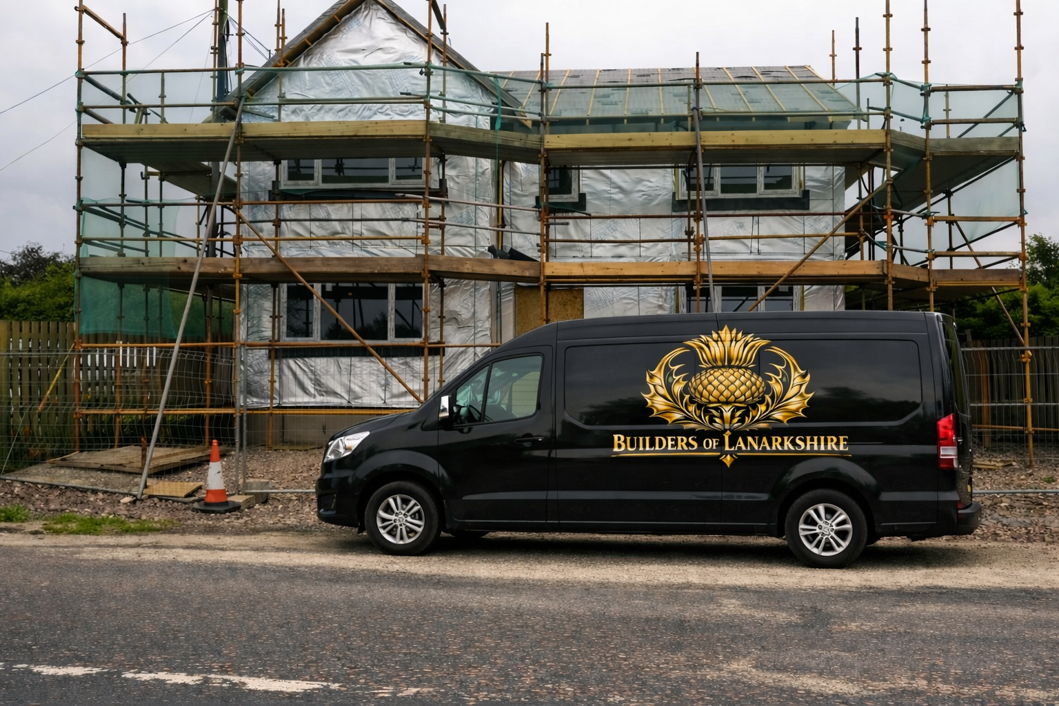New-build house under construction with scaffolding and Builders of Lanarkshire works van
